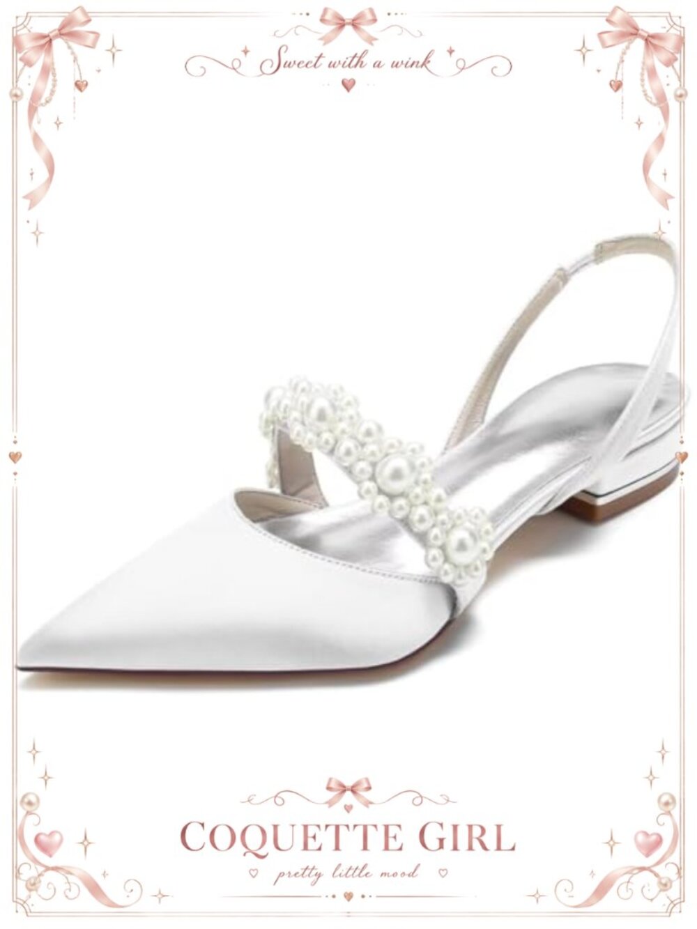 Satin Pearls Pointed Toe Slingback Flats Wedding Shoes